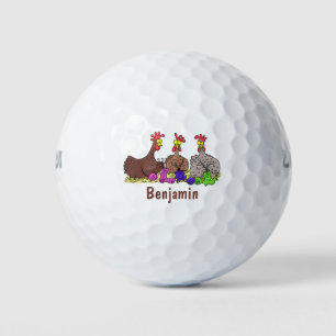 Funny knitting chickens cartoon illustration golf balls