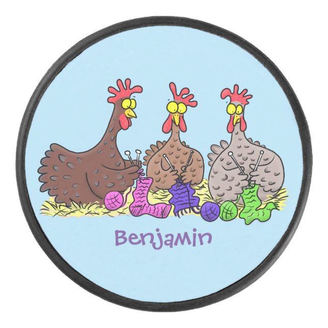 Funny knitting chickens cartoon illustration hockey puck (Front)