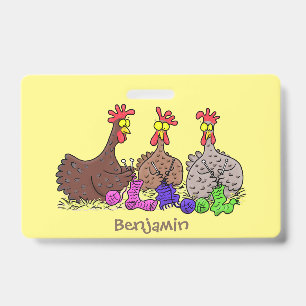 Funny knitting chickens cartoon illustration ID badge