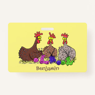 Funny knitting chickens cartoon illustration ID badge