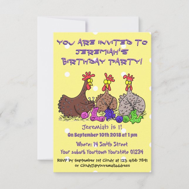 Funny knitting chickens cartoon illustration invitation (Front)