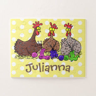 Funny knitting chickens cartoon illustration jigsaw puzzle