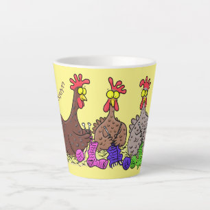 Funny knitting chickens cartoon illustration latte mug