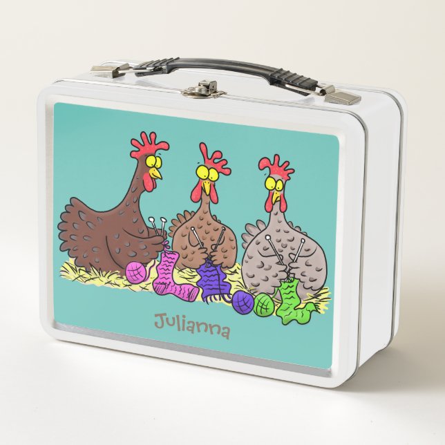 Funny knitting chickens cartoon illustration metal lunch box (Front)