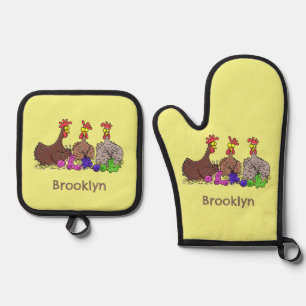 Funny knitting chickens cartoon illustration oven mitt & pot holder set
