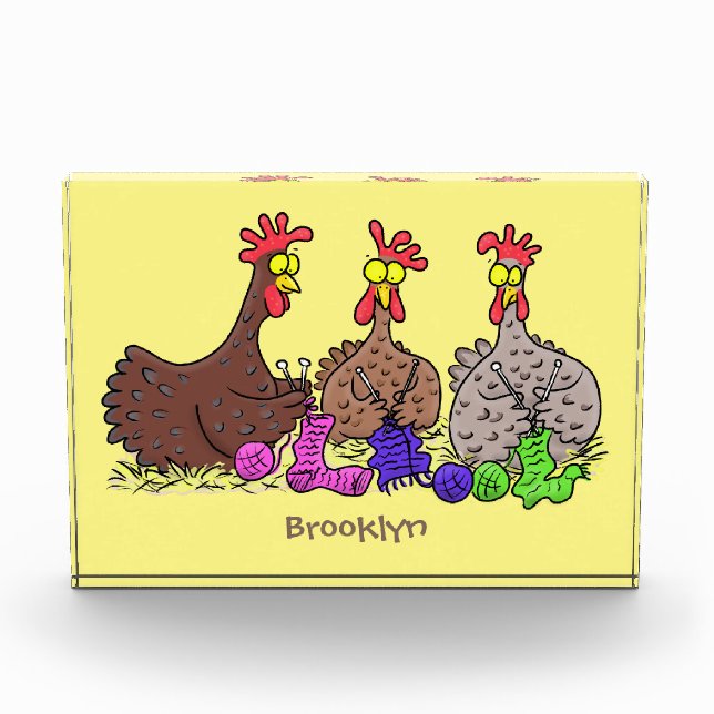 Funny knitting chickens cartoon illustration photo block (Front)