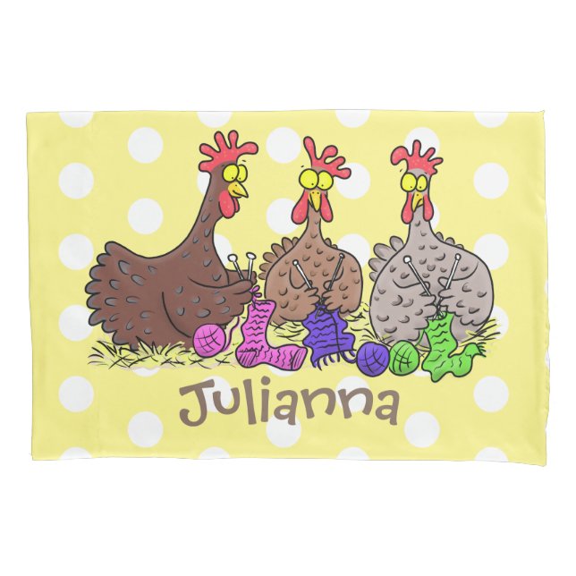 Funny knitting chickens cartoon illustration pillowcase (Front)