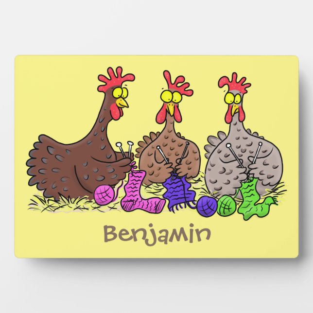 Funny knitting chickens cartoon illustration plaque (Front)