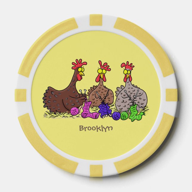 Funny knitting chickens cartoon illustration poker chips (Front)