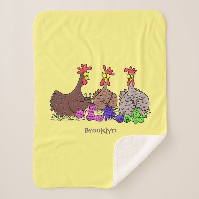 Funny knitting chickens cartoon illustration sherpa blanket (Front)