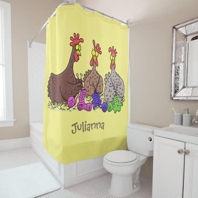 Funny knitting chickens cartoon illustration shower curtain (In Situ)