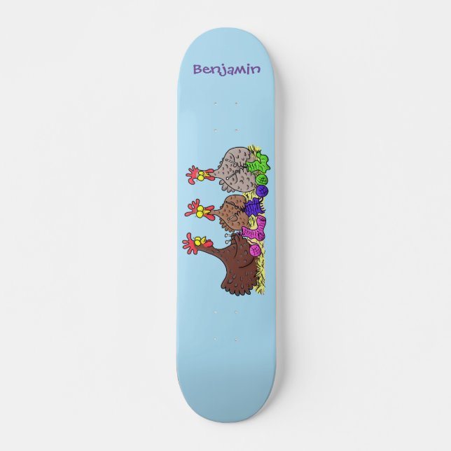 Funny knitting chickens cartoon illustration skateboard (Front)