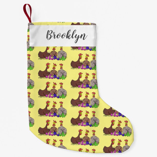 Funny knitting chickens cartoon illustration small christmas stocking (Front)
