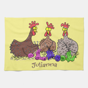 Funny knitting chickens cartoon illustration tea towel