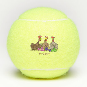 Funny knitting chickens cartoon illustration  tennis balls