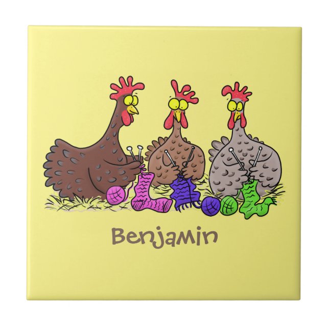 Funny knitting chickens cartoon illustration tile (Front)