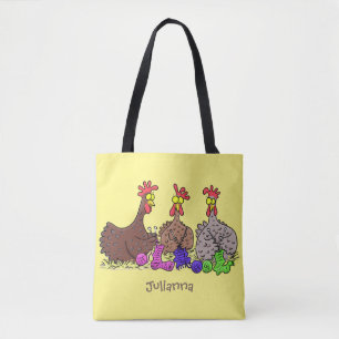 Funny knitting chickens cartoon illustration tote bag