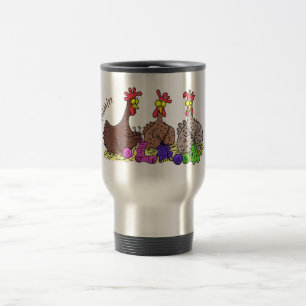 Funny knitting chickens cartoon illustration travel mug