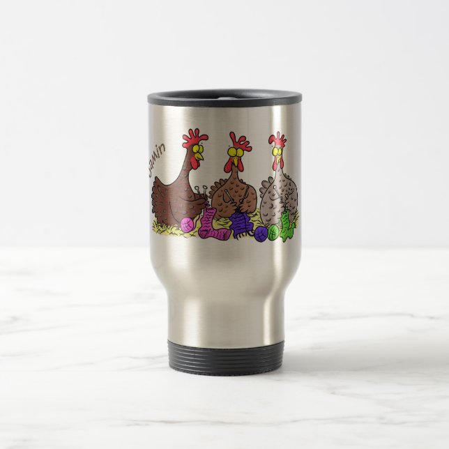 Funny knitting chickens cartoon illustration travel mug (Center)