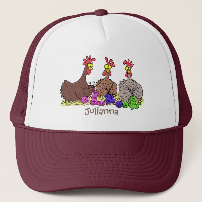 Funny knitting chickens cartoon illustration trucker hat (Front)