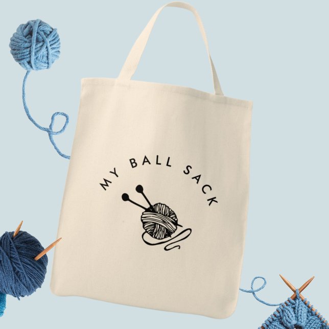Funny Knitting I  My Ball Sack Tote Bag (knitting tote bag is a funny knitting gift for a knitter or crochet )
