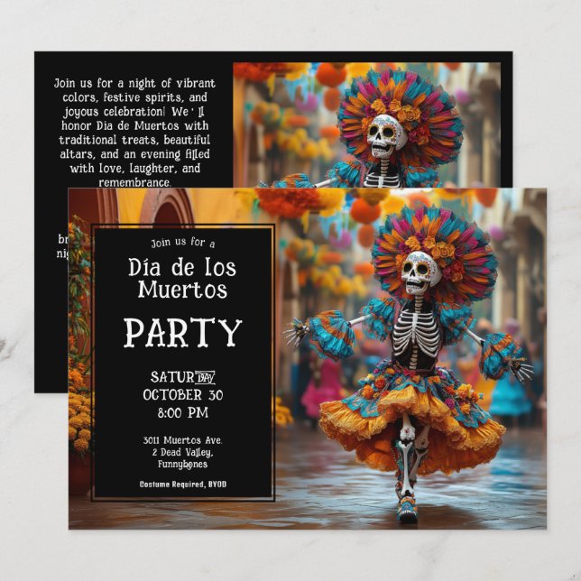 💀 Funny La Calavera in hat with flowers Invitation (Front/Back)