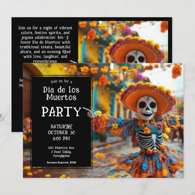 💀 Funny La Calavera in hat with flowers Invitation (Front/Back)