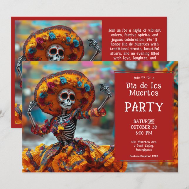 💀 Funny La Calavera in orange dress Invitation (Front/Back)