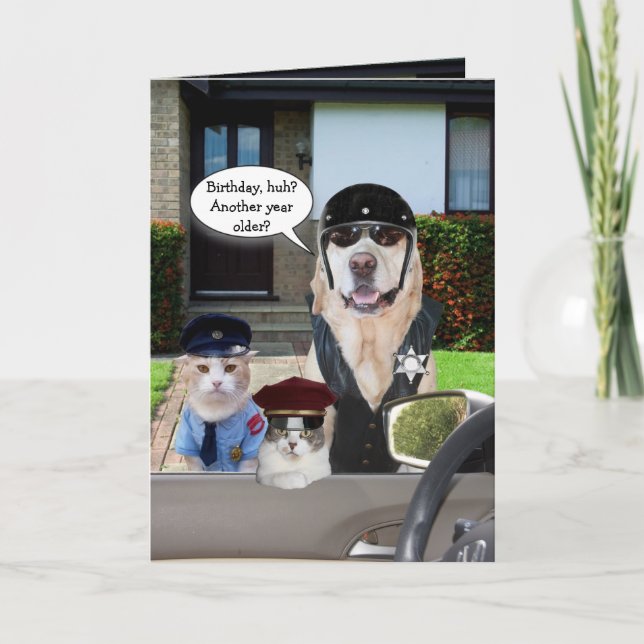 Funny Lab & Cat Officers Birthday Card (Front)