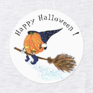 Funny Labels with Halloween Witch Pumpkin Flying
