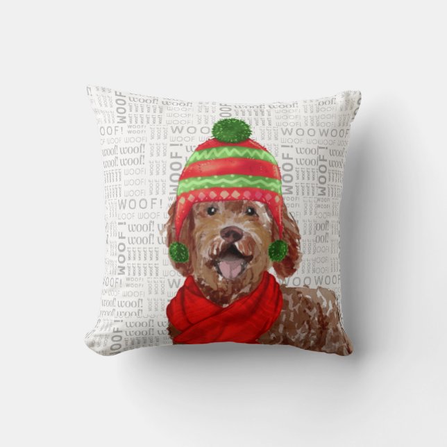 Funny Labradoodle Dog Watercolor Christmas Cushion (Front)