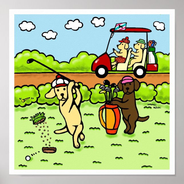 Funny Labrador Golfers Cartoon Yellow Lab Poster (Front)