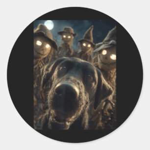 Funny Labrador Selfie With Scarecrows Spooky Classic Round Sticker