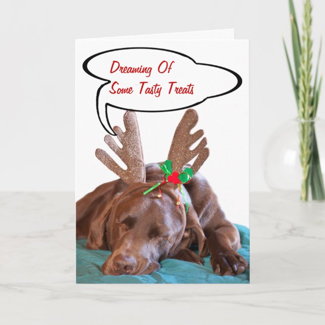 Funny Labrador Wearing Antlers Photo Personalised Holiday Card (Front)
