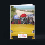 Funny Labs on the Beach Birthday Card<br><div class="desc">A funny birthday card with my great-nephews Labs,  (L to R) Roxy,  Jessie and Duncan.  The text on the license is Happy Birthday in Hawaiian.  The part of the yellow convertible is from a public domain picture.  Inside you can customise the text.</div>