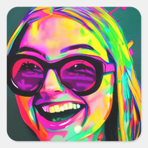 Funny Lady Laughing in Sunglasses Modern Art Square Sticker