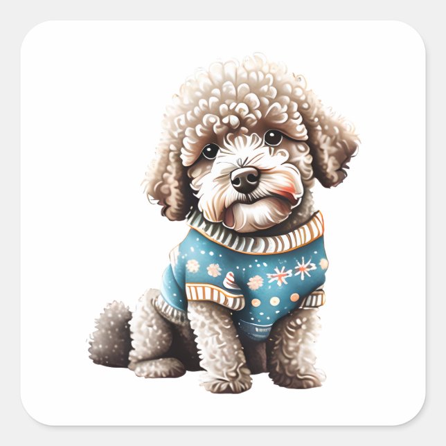 Funny Lagotto Romagnolo in Christmas Sweater Square Sticker (Front)