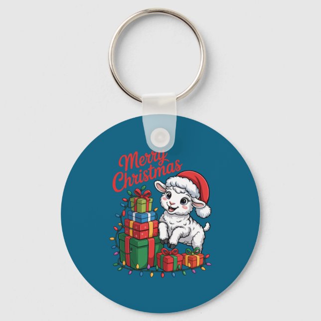 Funny Lamb Santa Hat Animals Lovers Ugly Christmas Key Ring (Front)