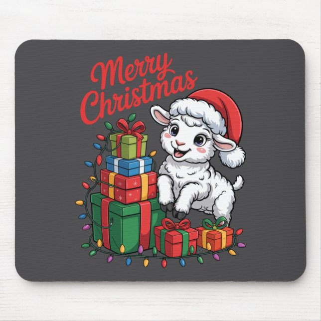 Funny Lamb Santa Hat Animals Lovers Ugly Christmas Mouse Mat (Front)