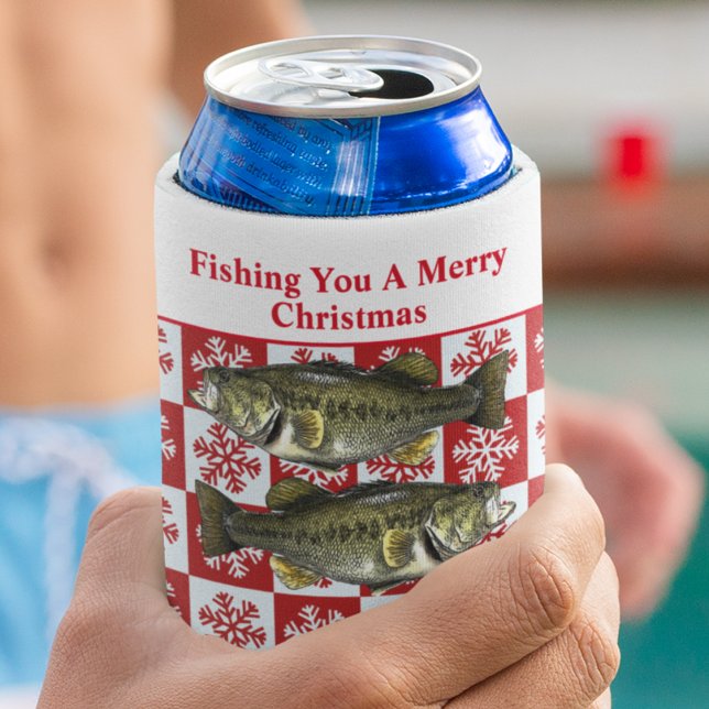 Funny Largemouth Bass Fishing Pun Christmas Custom Can Cooler (Fishing You a Merry Christmas! Largemouth bass funny fishing koozie.)
