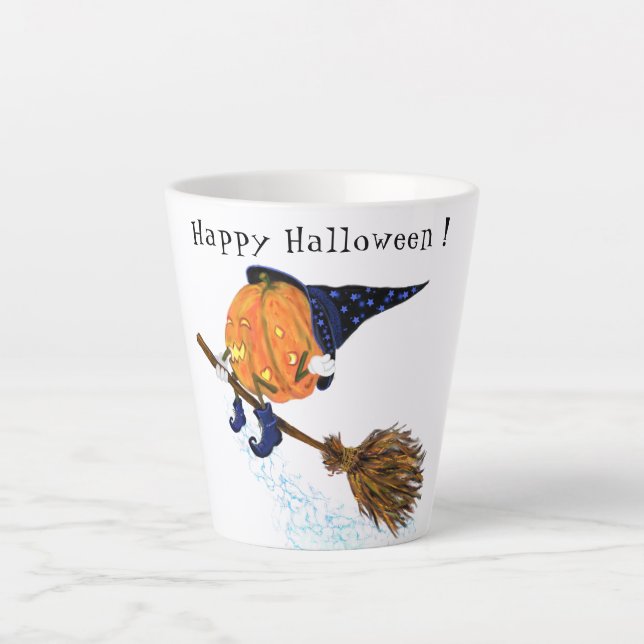 Funny Latte Mug Halloween Witch Pumpkin Flying (Front)