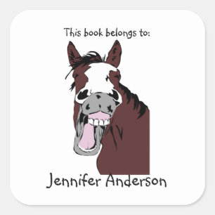 Funny Laughing Horse Art Custom Bookplate Square Sticker