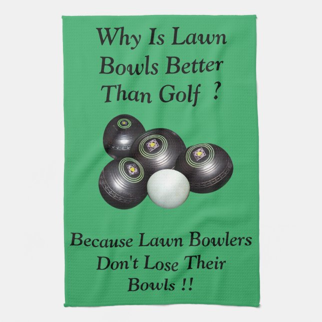 Funny Lawn Bowls Versus Golf Design, Tea Towel (Vertical)