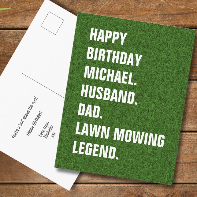 Funny Lawn Mowing Legend Personalised Birthday  Postcard (Personalize with name & message.  All text editable, replace any words with your own)