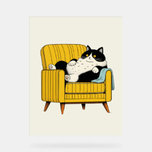 Funny Lazy Tuxedo Cat on Yellow Armchair Acrylic Sign