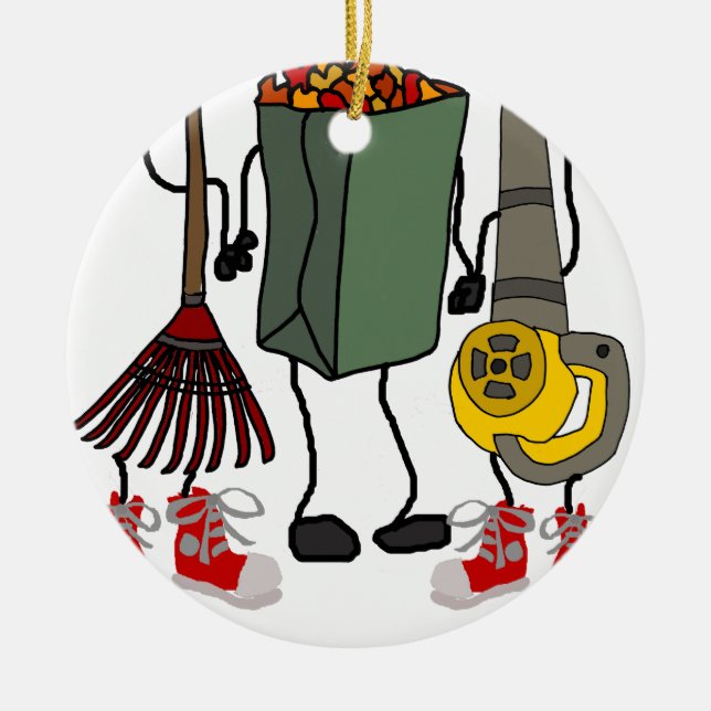 Funny Leaf Blowing Yard Work Cartoon Characters Ceramic Tree Decoration (Front)