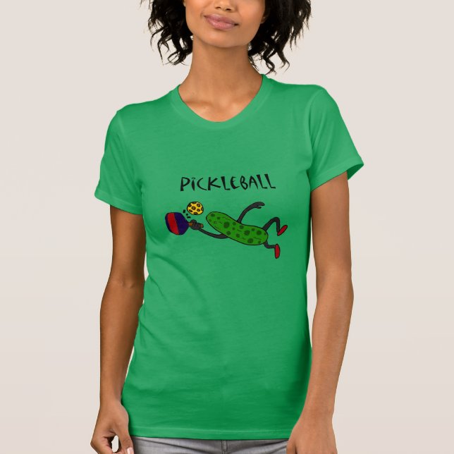 Funny Leaping Pickle Playing Pickleball T-Shirt (Front)