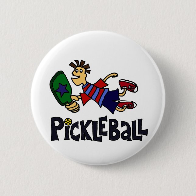 Funny Leaping Pickleball Dude 6 Cm Round Badge (Front)