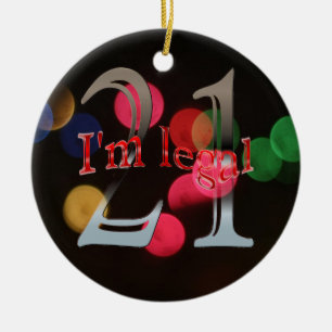 Funny Legal 21st Birthday Bokeh Christmas Lights Ceramic Tree Decoration