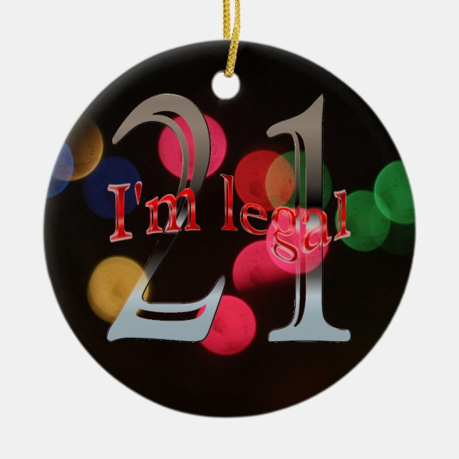 Funny Legal 21st Birthday Bokeh Christmas Lights Ceramic Tree Decoration (Front)